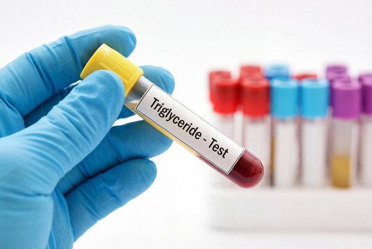 Hand in blue glove holding triglyceride blood test tube