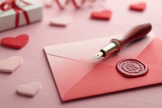 Romantic Red Envelope with Wax Seal and Fountain Pen