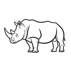 Fototapeta premium Black and white line art sketch of a standing rhinoceros side view with wildlife