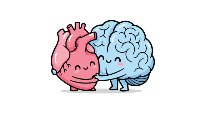 A friendly pink heart character affectionately hugs a larger light blue brain character from the side as they both smile happily on a white background.