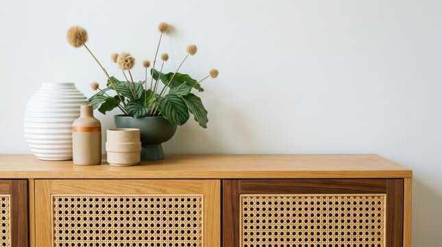 Wooden cabinet and accessories decor in living room interior on empty white wall background