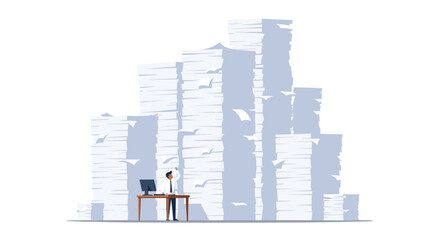 Obraz premium A tiny businessman stands at his desk next to a massive and towering mountain of stacked white papers, illustrating an overwhelming workload.