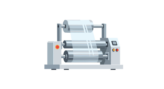 A compact industrial machine with multiple rollers is shown processing a continuous sheet of transparent plastic film against a white background.