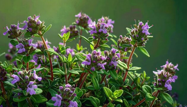 Close-up of Thyme Plant with Delicate Purple Flowers in Bloom.