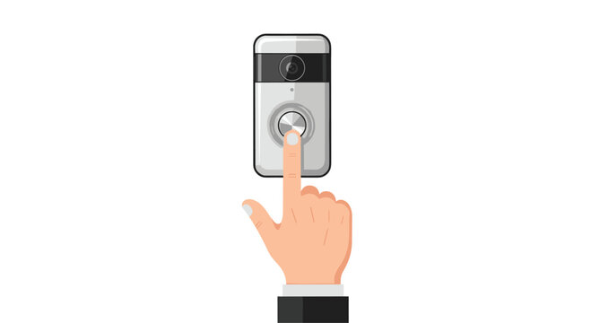 A hand in a suit jacket presses the button of a modern silver smart doorbell that glows with a bright blue circular light ring.