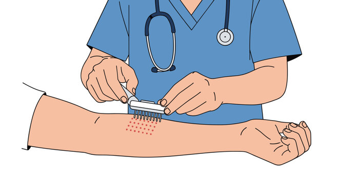 A healthcare professional in blue scrubs uses a multi-needle skin prick device to perform an allergy test on a patient's arm in a clean environment.