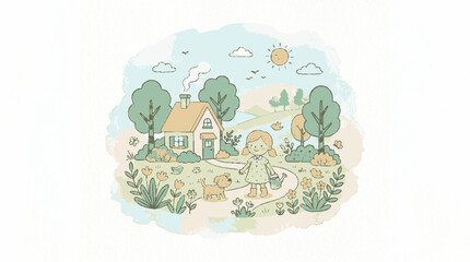 Fototapeta premium A heartwarming illustration featuring a girl, dog, and house in a charming landscape