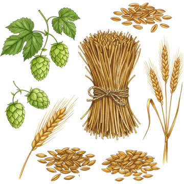 Masterful watercolor of vibrant hop vines, amber barley grains, golden wheat ears, rustic cereal bundle, on transparent, 19th-century botanical style for craft brewing concept