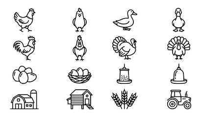 Poultry farm monoline icon set with chickens ducks turkeys and roosters for organic agriculture vector collection © MdSakib