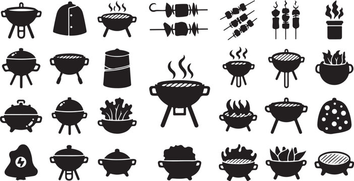 A collection of different barbecue grills and shish kebab