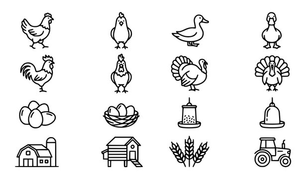 Poultry farm monoline icon set with chickens ducks turkeys and roosters for organic agriculture vector collection