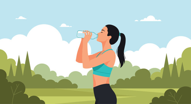 A fit woman wearing a teal sports bra and black leggings drinks water from a clear bottle in a vibrant park under a bright blue cloudy sky.