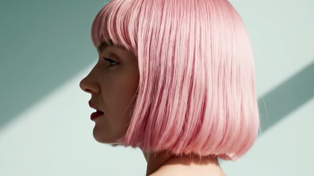 Soft pink bob profile portrait with blunt fringe, clean mint background, glossy pastel hair texture and elegant editorial beauty mood for dye hairstyles ideas in modern commercial styling frame