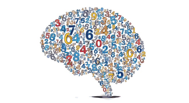 A human brain silhouette is filled with a dense and vibrant collection of colorful numbers representing complex data and mathematical logic.