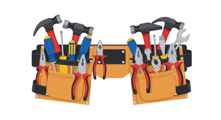 Naklejka premium A heavy-duty leather tool belt is shown fully loaded with hammers, screwdrivers, pliers, and a wrench on a white background.