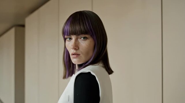 Modern minimalist portrait of a woman with chestnut bob and violet panels, blunt fringe, cream interior, calm editorial pose and geometric styling for dye hairstyles ideas with refined fashion
