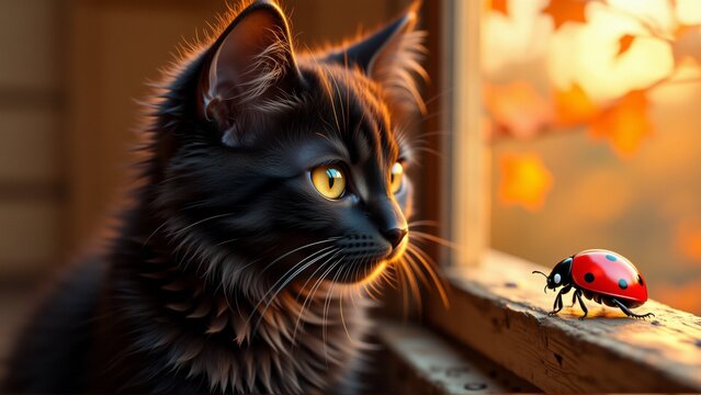 close black cat orange eyes cat sitting wooden surface looking off side curious expression right side red ladybug black spots background blurred appears outdoor setting orange leaves has warm cozy