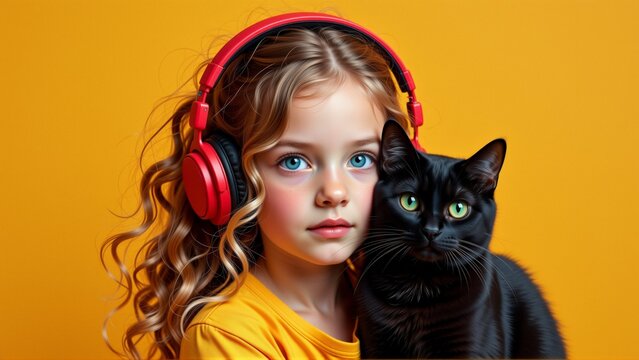 digital portrait young girl blonde hair blue eyes she wearing yellow shirt has pair red headphones her head girl looking directly camera serious expression her face behind her black cat green eyes
