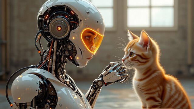 robot cat room window background robot side wearing white helmet orange lights has robotic arm multiple wires cables attached cat sitting next robot looking robot curious expression background