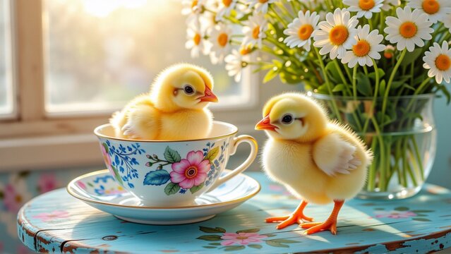 two small yellow chicks sitting blue teacup saucer wooden table table decorated floral pattern vase white daisies background chicks facing appear looking background blurred appears window view sun