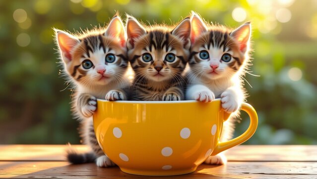 three small kittens sitting yellow polka dot mug mug placed wooden table blurred background greenery kittens looking directly camera curious expressions facing same direction appear different sizes