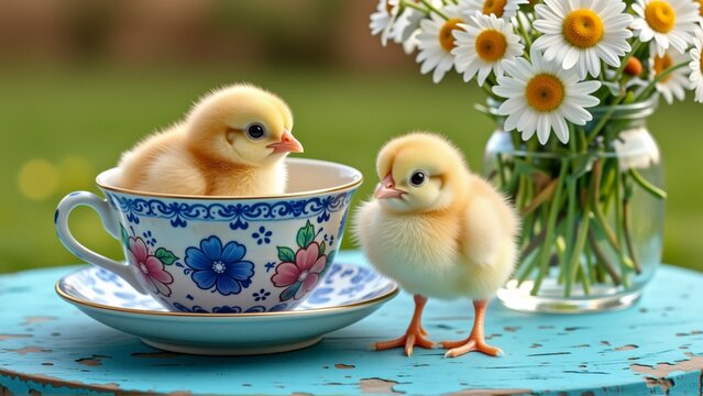 two small yellow chicks sitting blue white teacup saucer wooden table chicks facing appear looking camera background vase white daisies yellow centers green stems table covered blue tablecloth