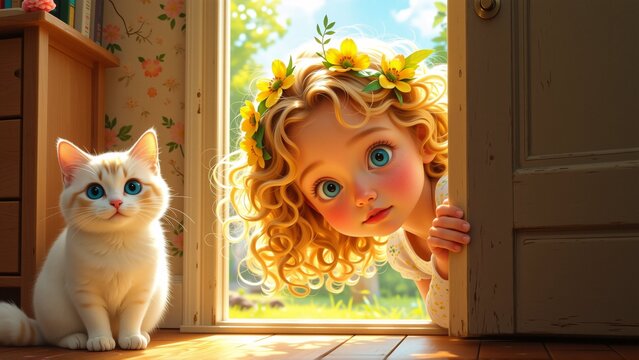 young girl blonde curly hair blue eyes peeking out behind door she wearing yellow flower crown her head looking camera curious expression side white cat blue eyes sitting floor next door background