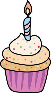 Birthday cupcake with candle illustration. Cute dessert cartoon design.