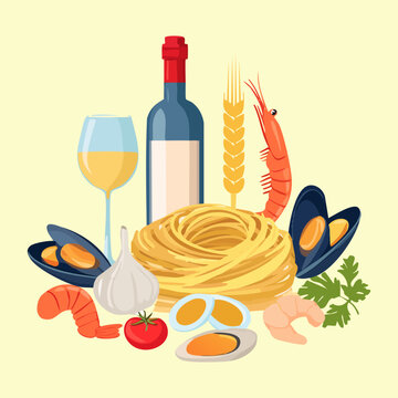 Delicious Italian pasta dish with white wine bottle seafood prawns mussels tomatoes and elegant Mediterranean culinary layout - Vector Illustration