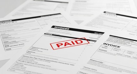 Obraz premium Stack of invoices with a red paid stamp on top