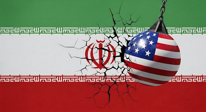 Iran flag with cracks and american flag wrecking ball