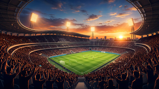 Electrifying Twilight Football Match Thousands of Fans Unite in a Roaring Stadium at Sunset, Witnessing a Thrilling Soccer Event