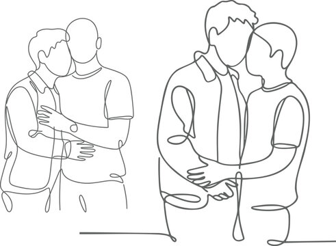 Two separate continuous line of gay couples embracing each other showing intimacy and romantic connection in a simple minimalist black and white style