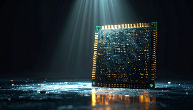 Electronic Circuit: A detailed circuit board is illuminated, highlighting its intricate design and representing the core of modern technological advancement.