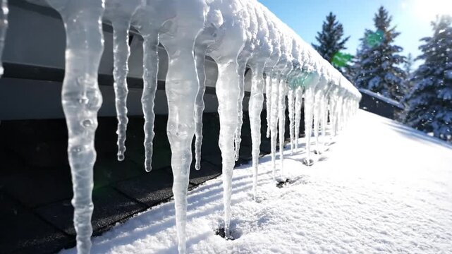 Row Of Sharp Icicles Hanging From A Snow Covered Roof Against A Bright Blue Winter And Pine Trees
