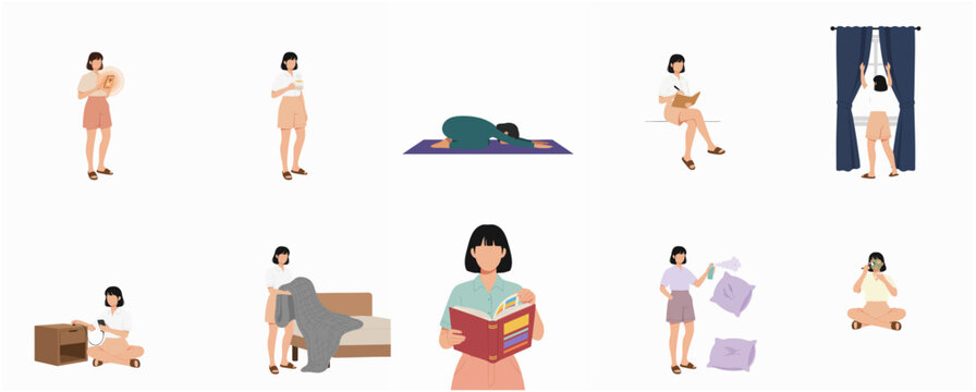 Modern Flat Design Minimalist Woman Daily Routine Activities Collection of Lifestyle Illustration Icon Set