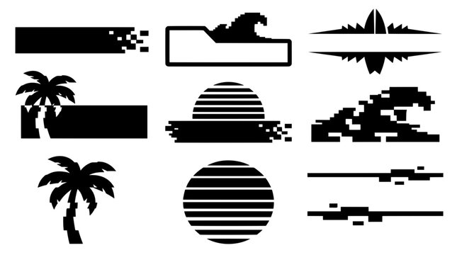 Cyber summer retro vector set. Black silhouette vaporwave banners featuring pixel ocean waves, palm trees, surfboards, and glitch suns for 80s UI