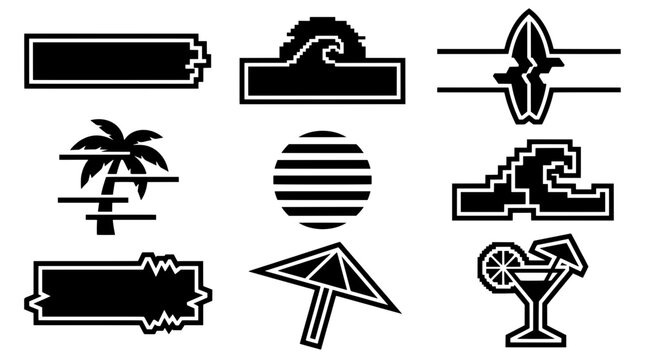 Cyber summer icon and border vector set. Black silhouette vaporwave graphics with cocktail, surfboard, umbrella, pixel wave, and palm tree for 80s UI