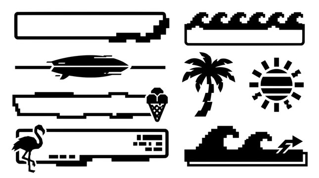 Cyber summer frame vector set. Black silhouette vaporwave borders with flamingo, ice cream, pixel wave, palm tree and sun for 80s UI graphic design
