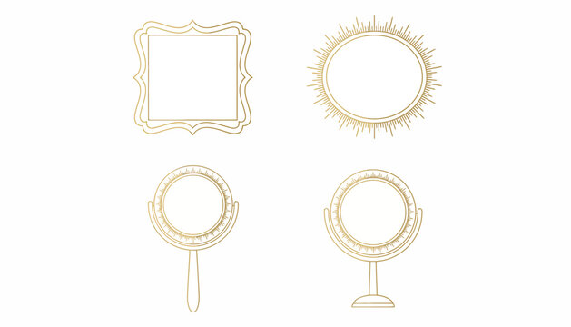 Golden, minimalist mirror and sun icons, vector set, luxury gold line art