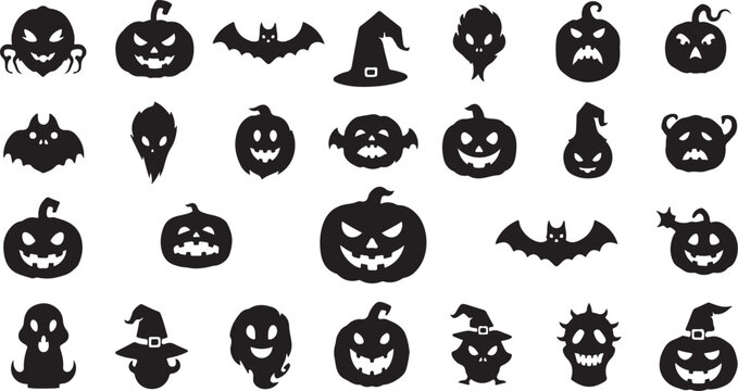 Halloween icons set with pumpkins bats ghosts, trick or trea