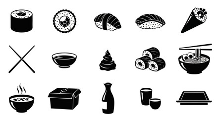 Sushi, Japanese food icons, black vector set, 16 elements, restaurant menu symbols © Olivia