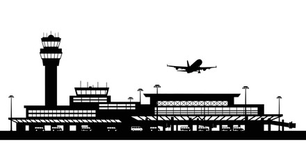 Fototapeta premium Airport terminal building, airplane silhouette, air travel icon, black vector illustration