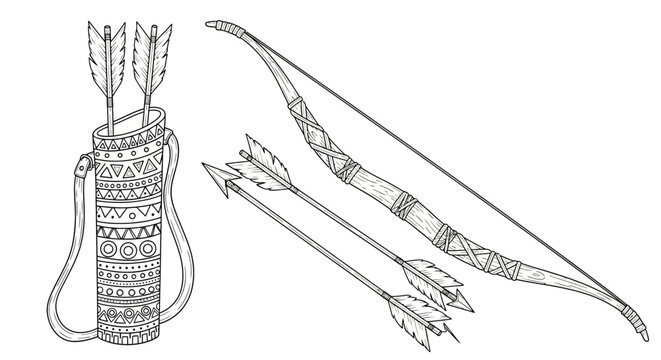 Ancient bow, arrows, quiver set, tribal hunting equipment, vector illustration