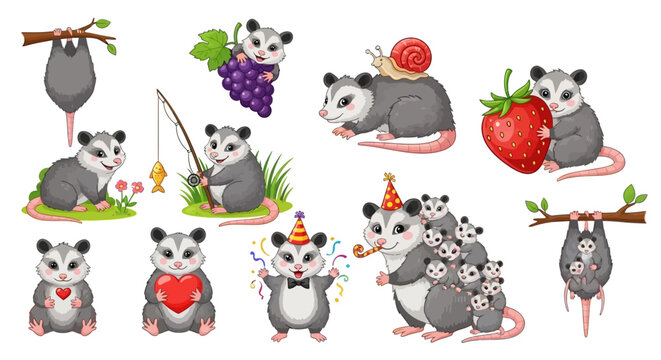 Cute Opossum Vector Icons, Opossum Illustrations, Animal Graphics, Wildlife Symbols, 12 Opossum Clipart Set