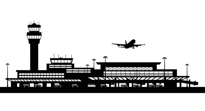 Airport terminal building, airplane silhouette, air travel icon, black vector illustration