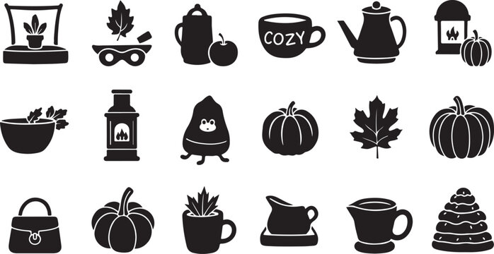 Cozy autumn and fall season theme black icon set