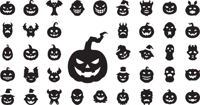 Halloween spooky pumpkin faces and monster silhouette set