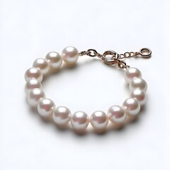Obraz premium Elegant white freshwater pearl bracelet with a golden clasp and chain extender sparkling gently on a clean white background showcasing classic luxury jewelry design high end precious stone