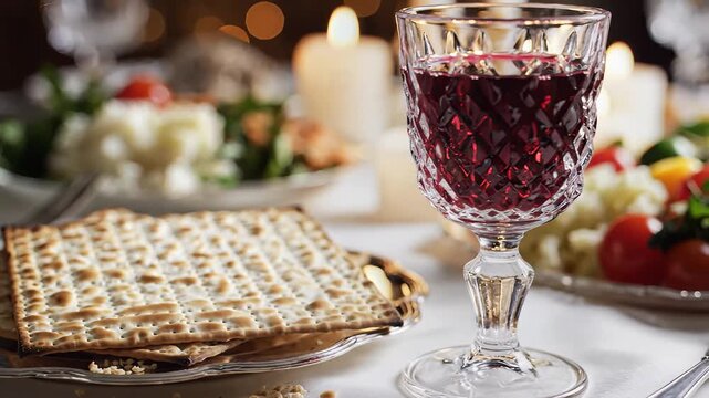 Passover Seder Table Setting with Matzah and Wine.